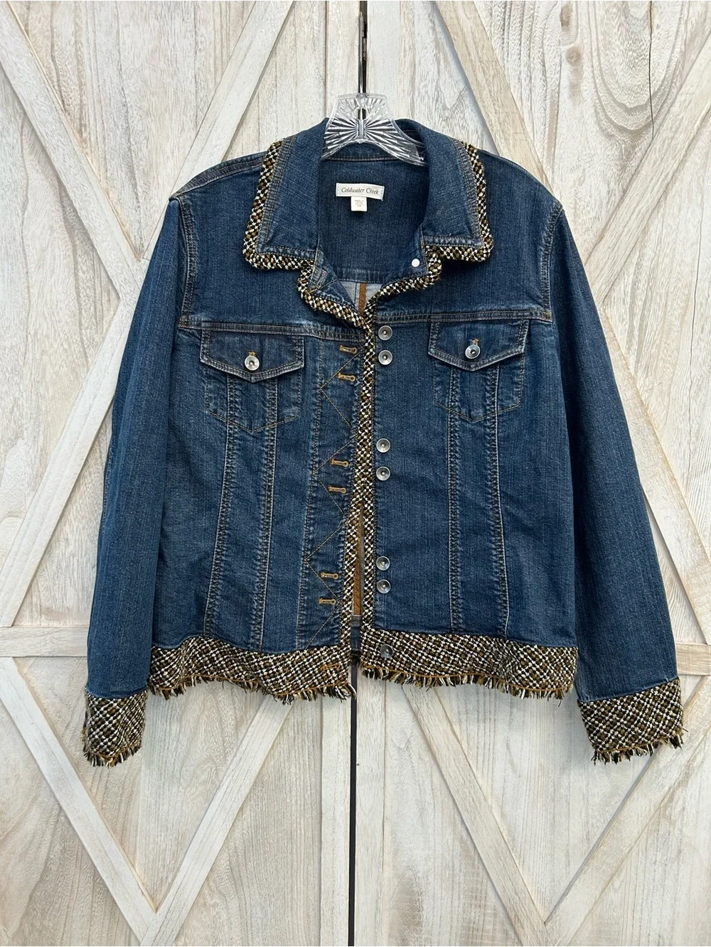 Coldwater Creek Dark Blue Denim Jacket with Tweed Trim